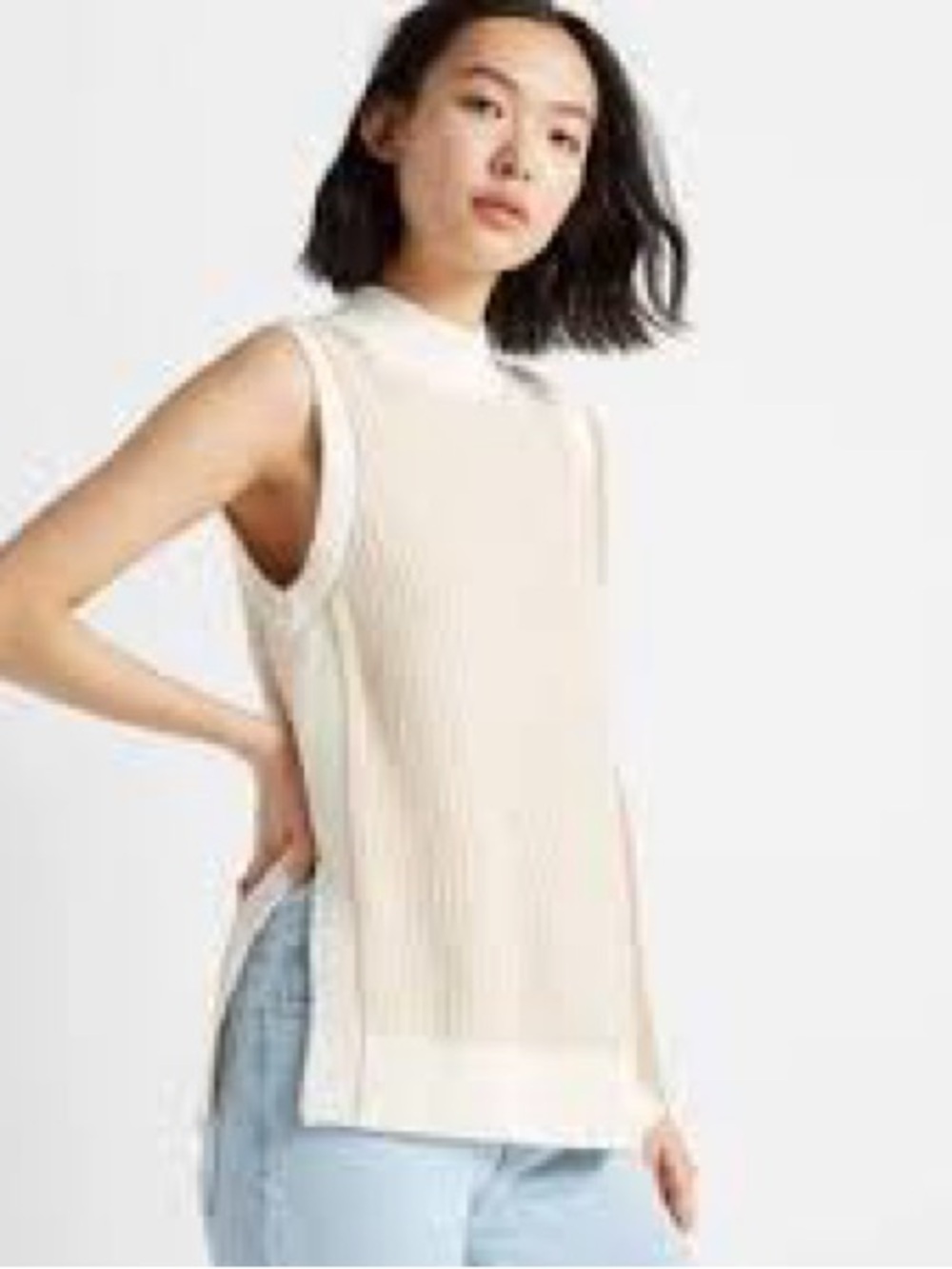 NWT Club Monaco Stitchy Waffle Knit Mock Neck Sweater Vest Cream Tan Size L